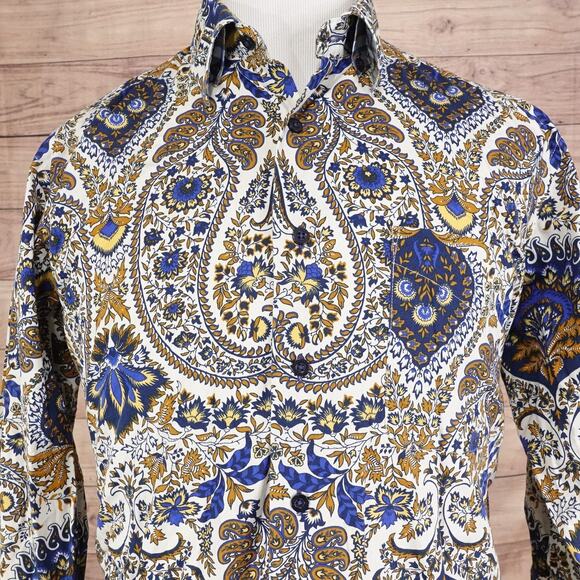 Alan Flusser Shirt Mens Large Blue Gold Paisley Floral Print Button Up Cotton - Picture 1 of 8